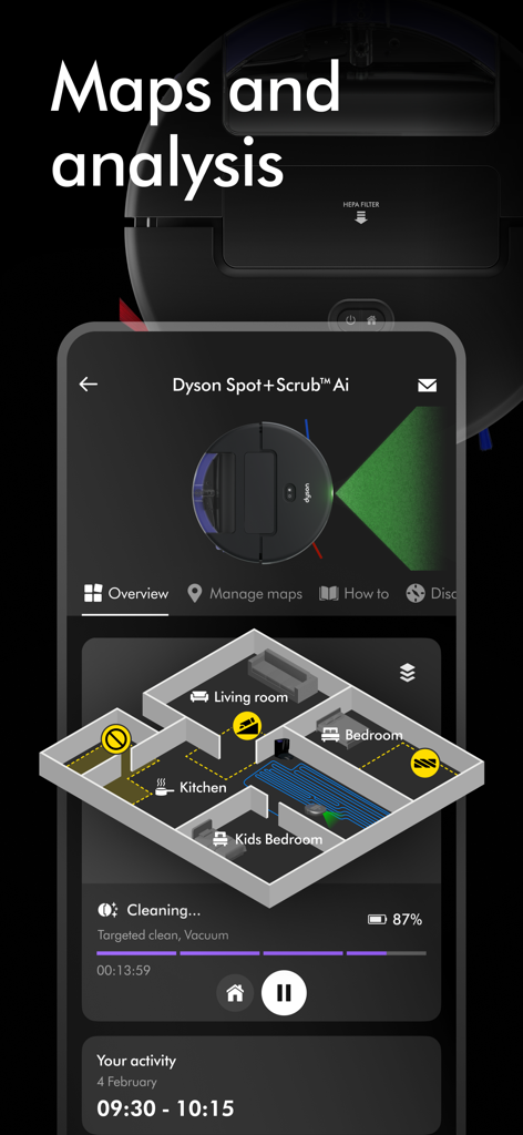 L'interface de l'application MyDyson affiche une carte 3D du sol et l'état de nettoyage de l'aspirateur robot.
