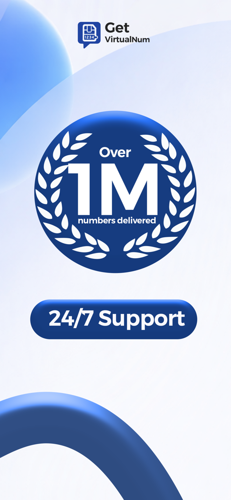 100만 개 이상의 번호가 전송되었고 연중무휴 지원됨을 보여주는 가상 번호 받기 앱 화면