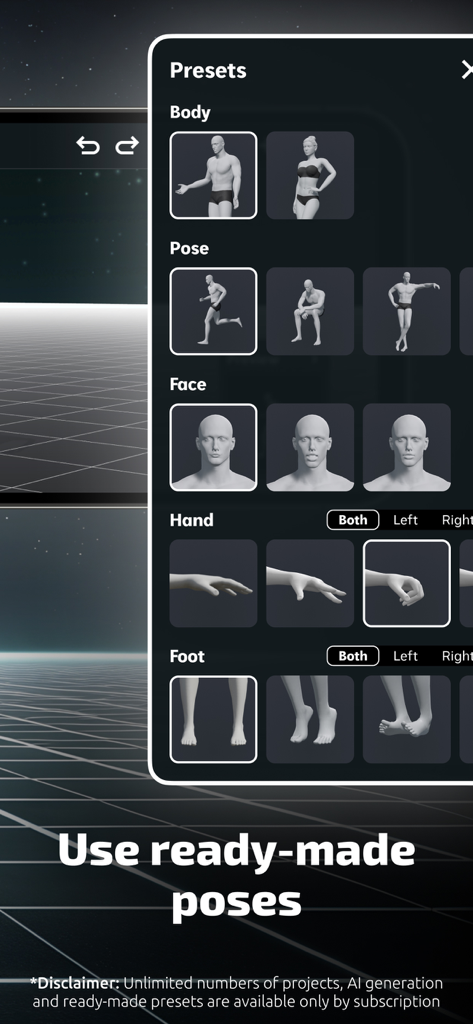 AI Pose Generator: Model Maker - Presets menu in the AI Pose Generator app showing various 3D human model options for body pose face hand and foot