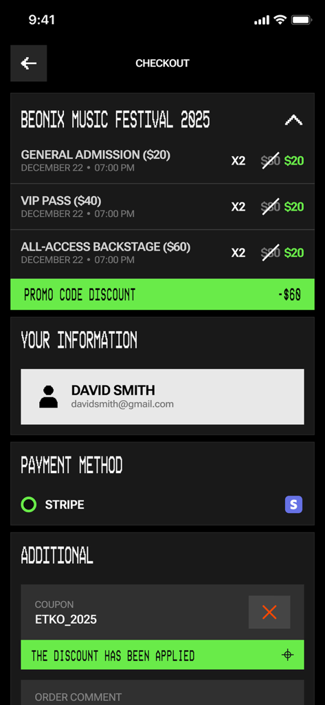 ETKO — Events & Tickets - A mobile checkout screen for the ETKO app showing festival tickets and a promo code discount