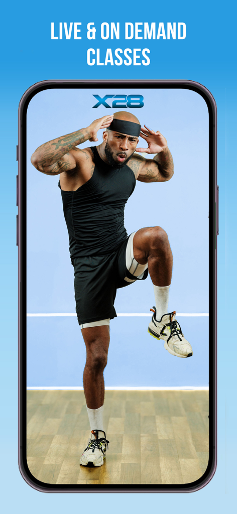X28 Fitness & Nutrition - X28 Fitness app screen showing a live workout session with an instructor