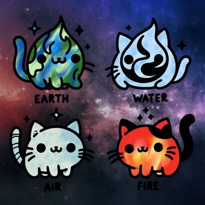 4 cats that represent the different elements, earth, water, air, and fire