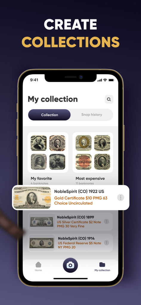 Banknote ID: Note Identifier - Ein Bildschirm einer mobilen App zeigt ein digitales Währungsportfolio mit verschiedenen historischen US-Banknoten, sortiert nach Favoriten und Wert.