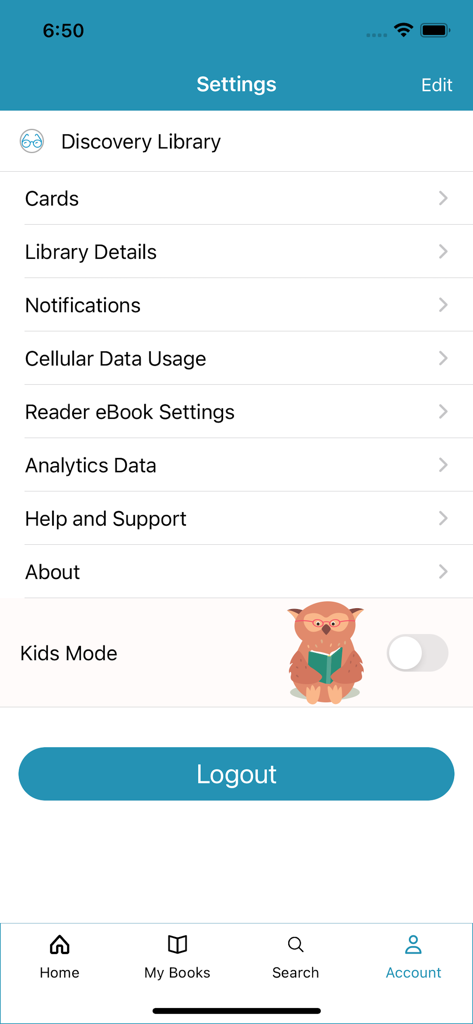 The settings screen of the CloudLibrary app featuring account management options and a Kids Mode toggle.