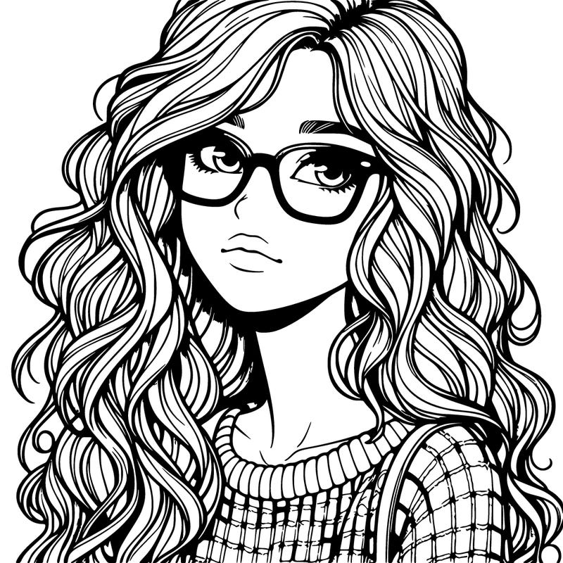 realistic teen girl with wavy long hair with a sweater and glasses