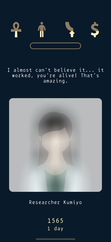 Lapse 2: Before Zero - Captura de pantalla del juego de Lapse 2 Before Zero mostrando diálogo de personaje con la Investigadora Kumiyo e iconos de recursos.