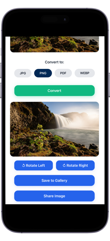 HEIC Converter: JPG PDF PNG - Oberfläche der HEIC Converter App mit Optionen zur Konvertierung eines Bildes in PNG-Format mit Vorschau- und Bearbeitungswerkzeugen