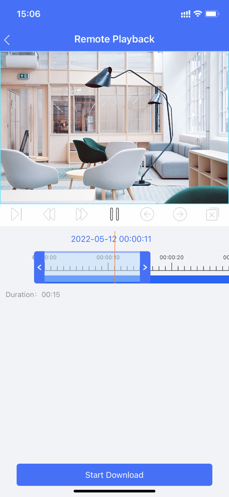 SuperCam Plus - Benutzeroberfläche der SuperCam Plus-App zur Fernwiedergabe von Überwachungskamera-Aufnahmen in einem Büro
