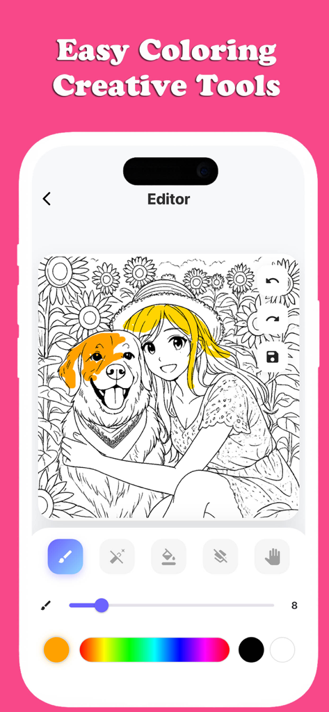 Interface of the Coloring Book Maker AI app showing a line art drawing of a girl and her dog being colored with digital tools