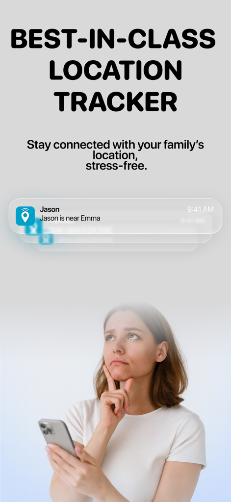 Phone Tracker by Number Locate - A woman holding a smartphone and seeing a family location notification from the PhoneLoc app