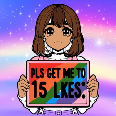 realistic girl holding up a sign that says “pls get me to 15 likes!”