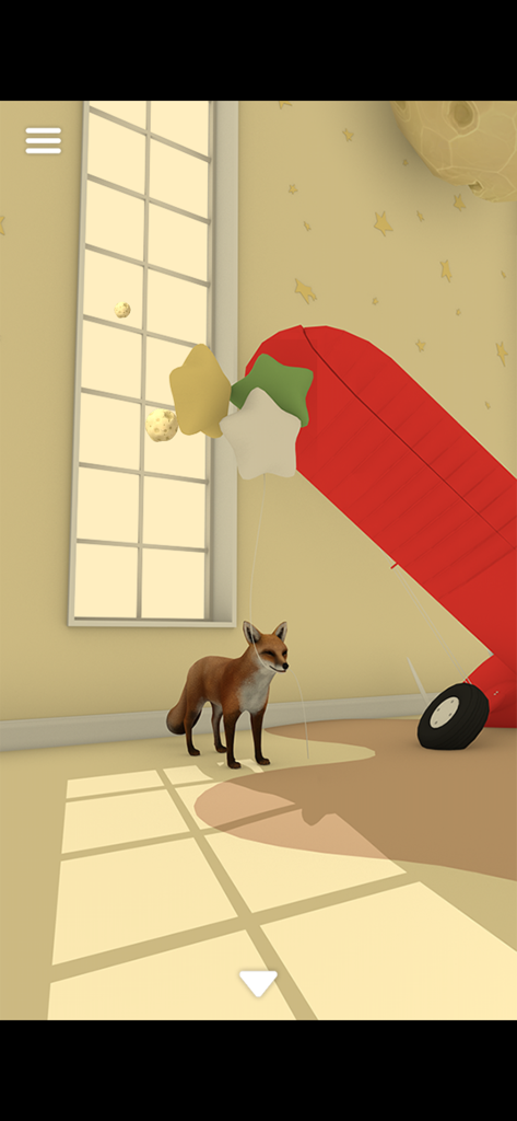 Gameplay screen showing a fox near a red airplane and star balloons.
