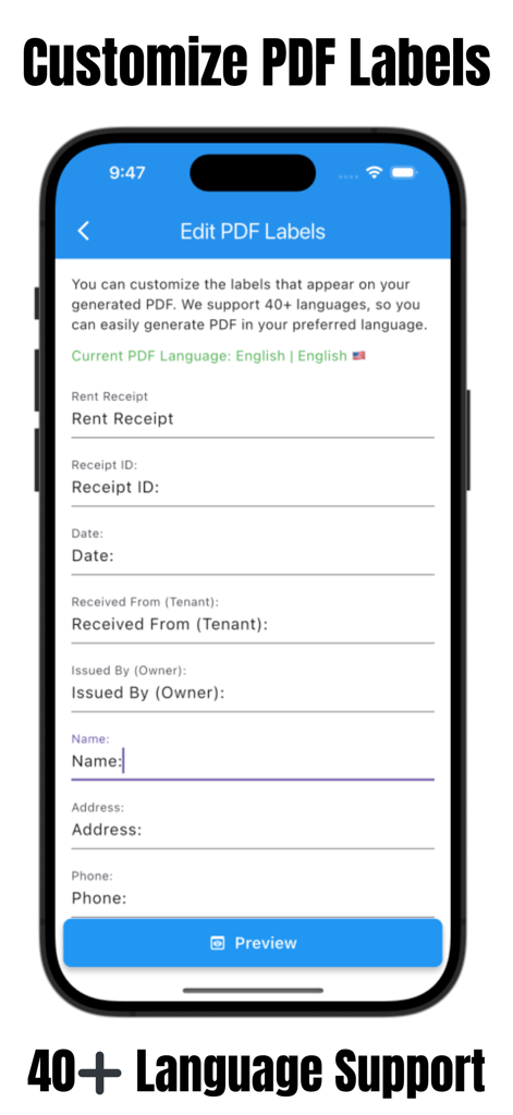 Rent Receipt Maker: House Rent - A mobile screen showing the Edit PDF Labels interface in the Rent Receipt Maker app with 40 plus language support.
