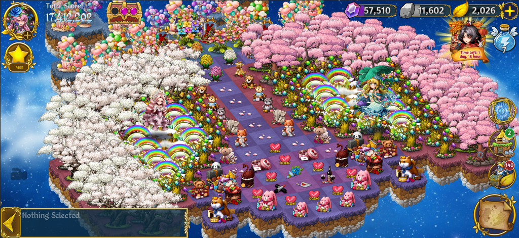 A vibrant home land in Dragon and Elfs featuring cherry blossom trees rainbows and cute animal characters