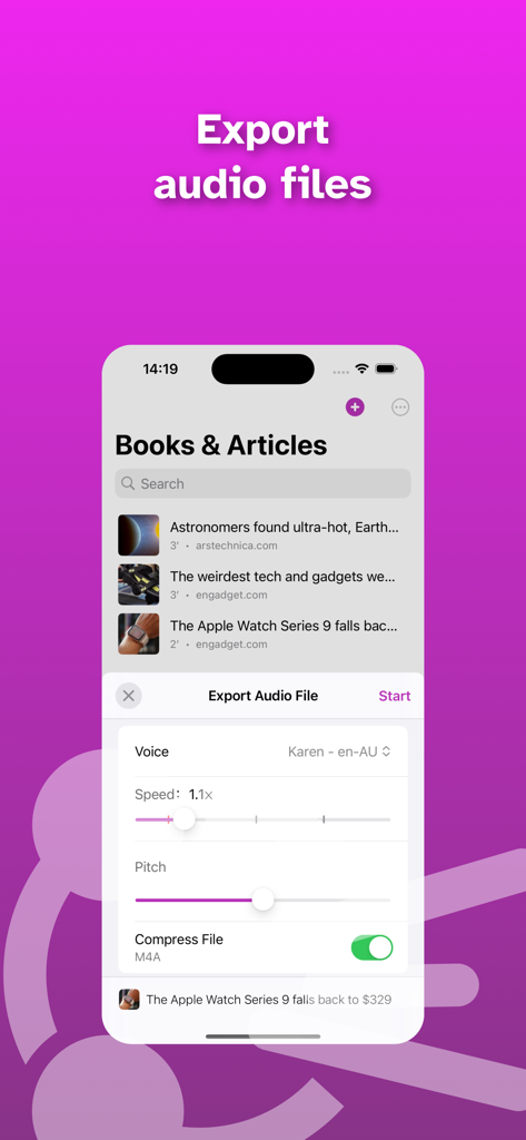 Interfaz de la aplicación Speech Central que muestra los ajustes para exportar artículos de texto como archivos de audio
