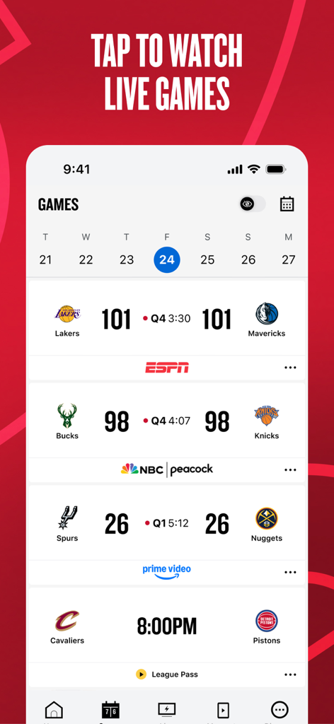NBA app screen showing live basketball game scores and broadcasting channels