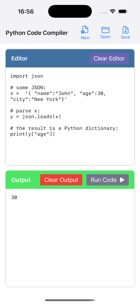 Python Code Compiler - Un'interfaccia mobile dell'app Compilatore di Codice Python che mostra un editor di codice con uno script JSON e il suo output di esecuzione.