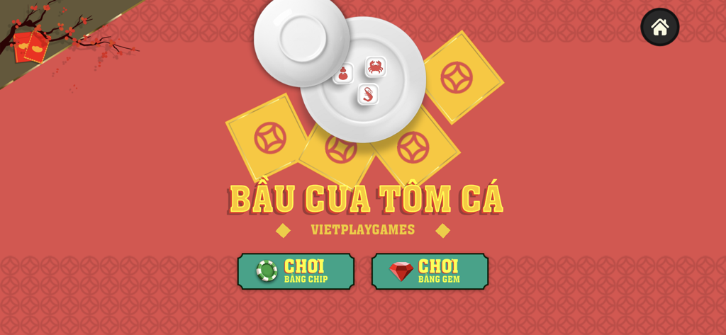 Menú principal del minijuego de dados Bau Cua Tom Ca con opciones de juego para fichas o gemas.