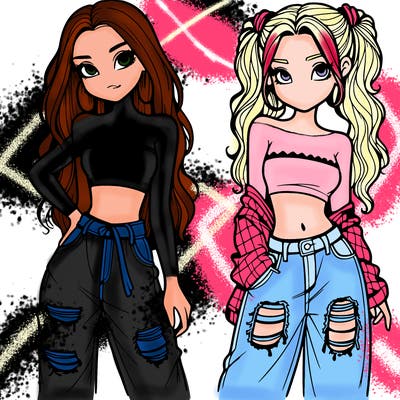 2 girls in crop tops and baggy jeans ripped