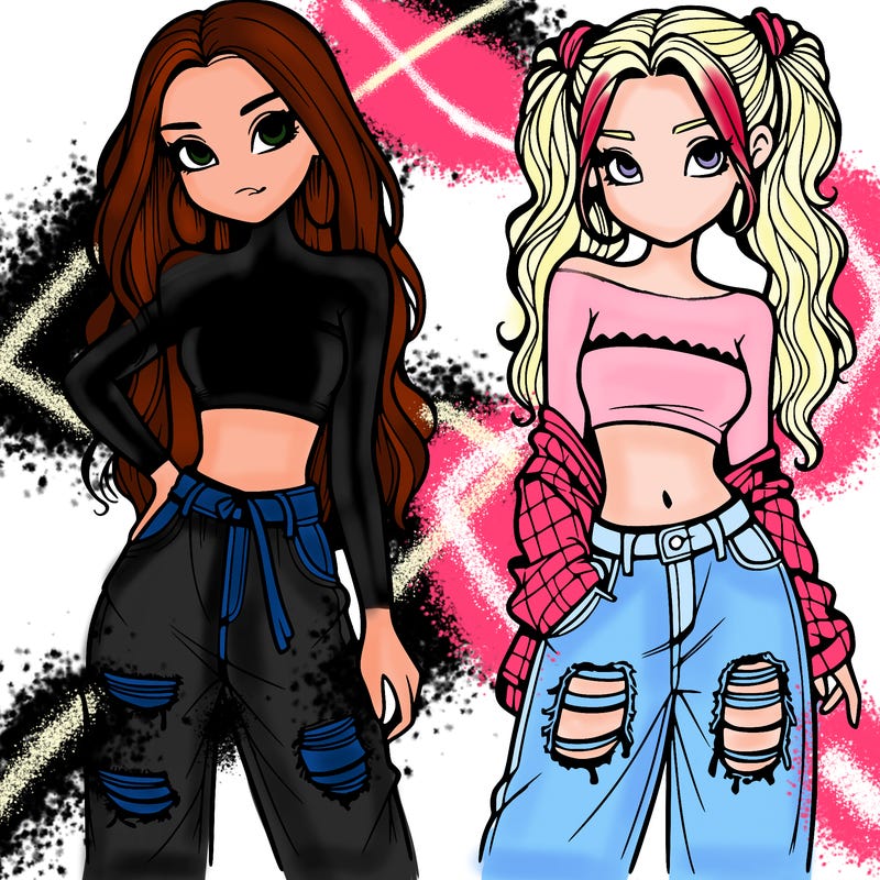 2 girls in crop tops and baggy jeans ripped