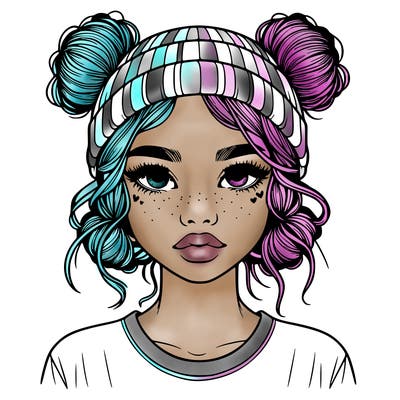 realistic girl with buns in her hair with a beanie on