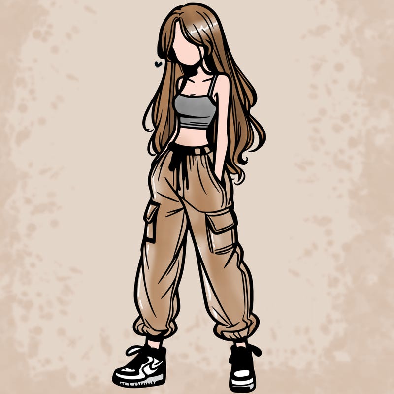 girl in baggy pants crop top and long hair