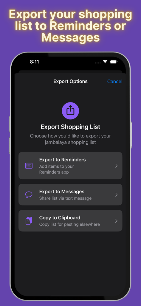 Jambalaya Calculator - Screen showing options to export a shopping list to Reminders or Messages in the Jambalaya Calculator app.