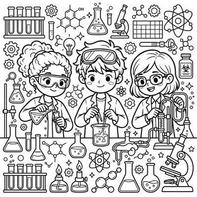 Ignite curiosity with this exciting coloring page featuring young scientists immersed in a vibrant laboratory. Children aged 4-8 will love bringing to life beakers, microscopes, and chemical reactions.
