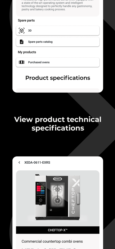 Unox Partner Hub - Interfaz de la aplicación Unox Partner Hub que muestra especificaciones técnicas y catálogo de repuestos para hornos comerciales.