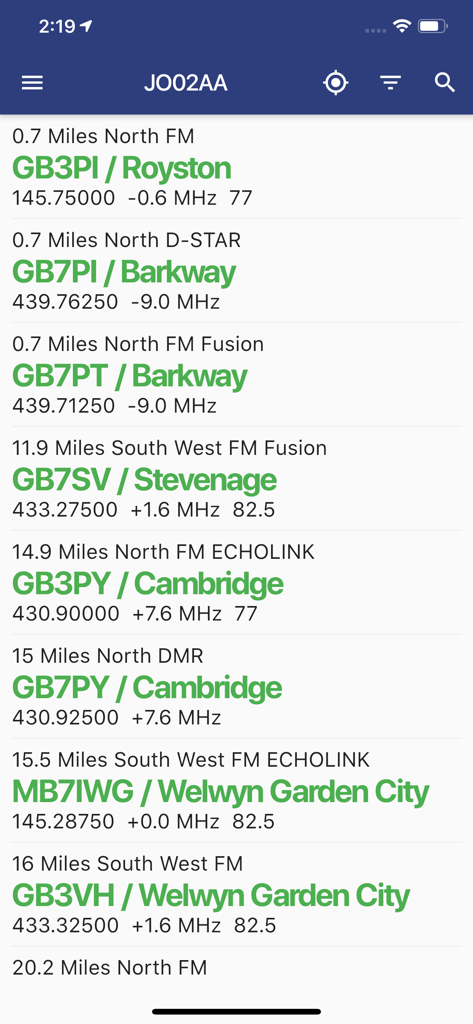 RepeaterBook - RepeaterBook app displaying a list of nearby amateur radio repeaters with distance and frequency details