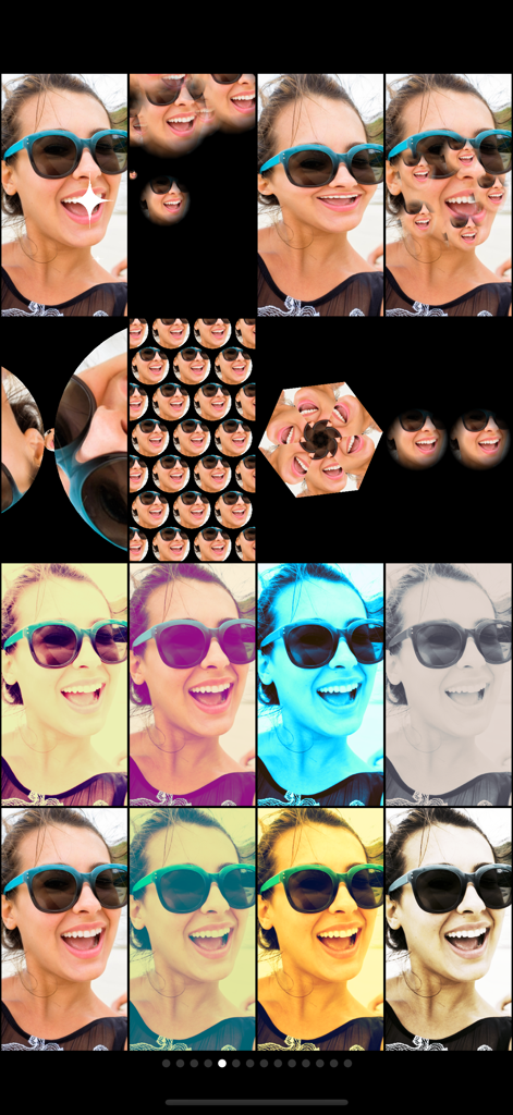 Mega Photo Pro - A grid showing various real-time photo distortions and color filters in the Mega Photo Pro app