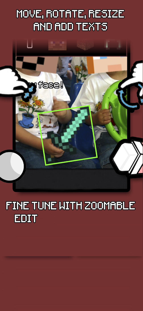 MineCam - Camera for Minecraft - Editing interface of MineCam app showing a photo being decorated with Minecraft stickers like a diamond sword