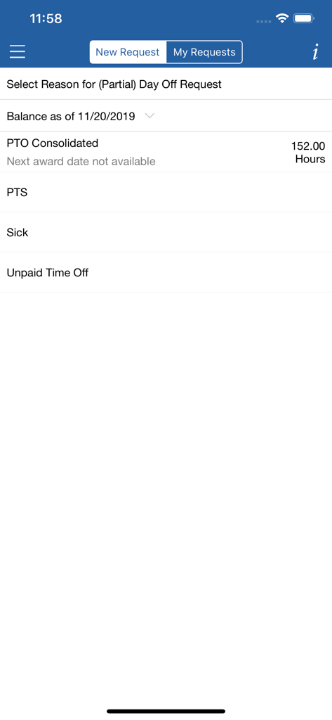 QC Time - QC Time app screen for selecting a reason for a time off request showing PTO balance