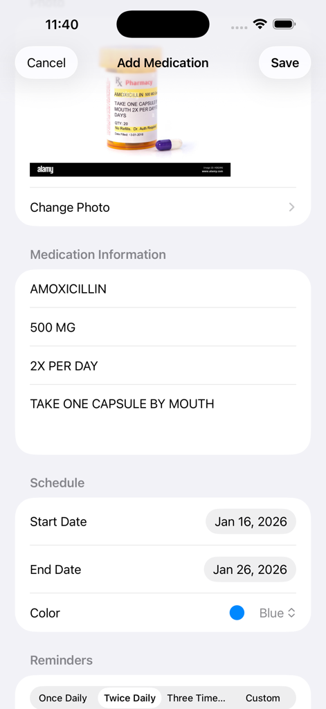 MedSnap - Snap It, Track It - MedSnap app interface showing medication details and dosage schedule for Amoxicillin
