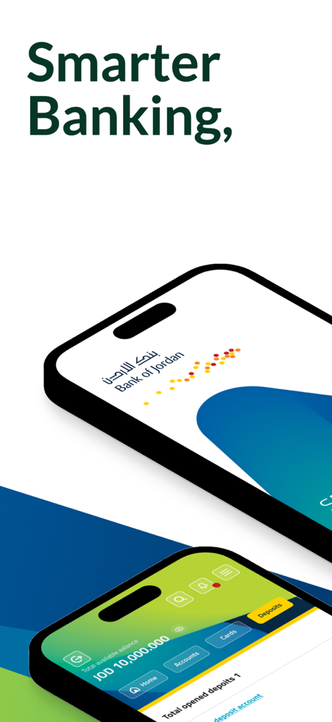 BOJ Mobile - بنك الأردن - Bank of Jordan mobile app interface showing account dashboard and smarter banking slogan