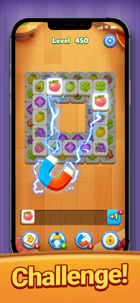 Tile Family®:Match Puzzle Game - Gameplay of Tile Family match puzzle game showing a magnet booster and fruit tiles