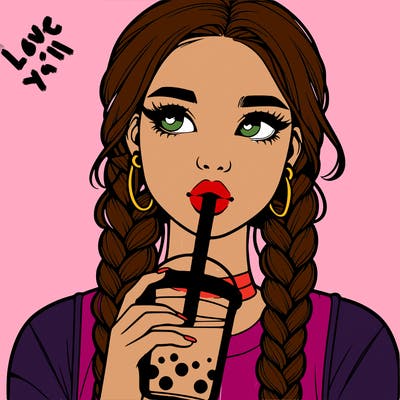 realistic girl with braided hair drinking boba