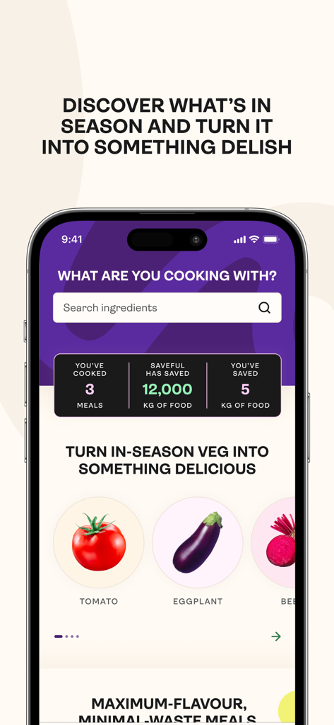 Saveful - Saveful mobile app screen showing seasonal ingredient suggestions and personal food waste savings statistics