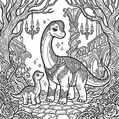 Step into a world where ancient dinosaurs meet dark elegance with this captivating Gothic Baby Brachiosaurus coloring page. Discover intricate Victorian-inspired patterns on these gentle giants amidst a mysterious ruined landscape, perfect for a unique coloring experience.