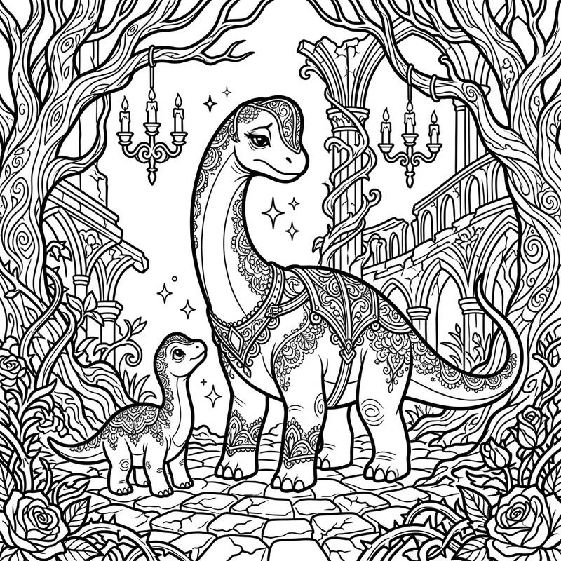Step into a world where ancient dinosaurs meet dark elegance with this captivating Gothic Baby Brachiosaurus coloring page. Discover intricate Victorian-inspired patterns on these gentle giants amidst a mysterious ruined landscape, perfect for a unique coloring experience.