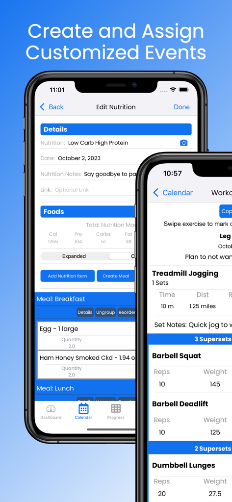 FitSW for Personal Trainers - Interfaccia dell'app FitSW che mostra la pianificazione dei pasti e le schermate di monitoraggio dell'allenamento personalizzate per i professionisti del fitness