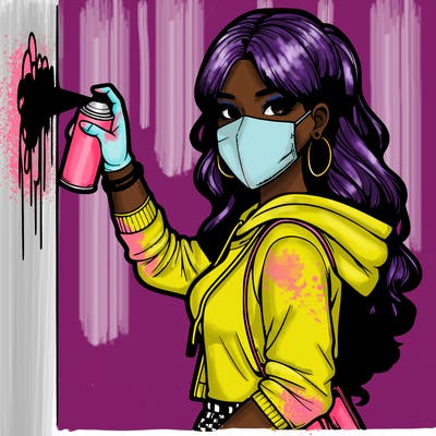 realistic girl with mask spray painting a wall