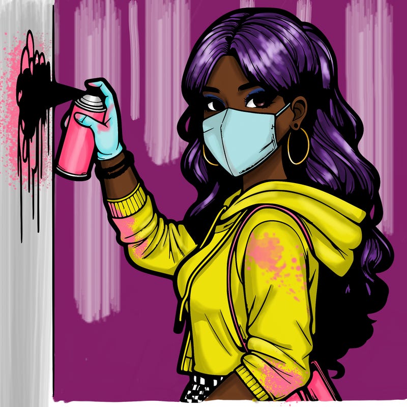 realistic girl with mask spray painting a wall