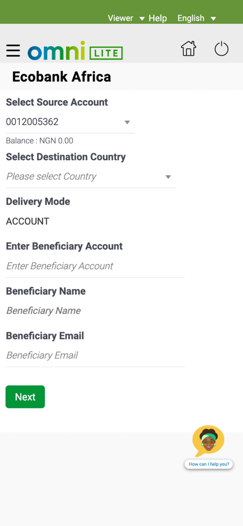 Ecobank Omni Lite - Formulaire de virement de bénéficiaire sur l'application mobile Ecobank Omni Lite