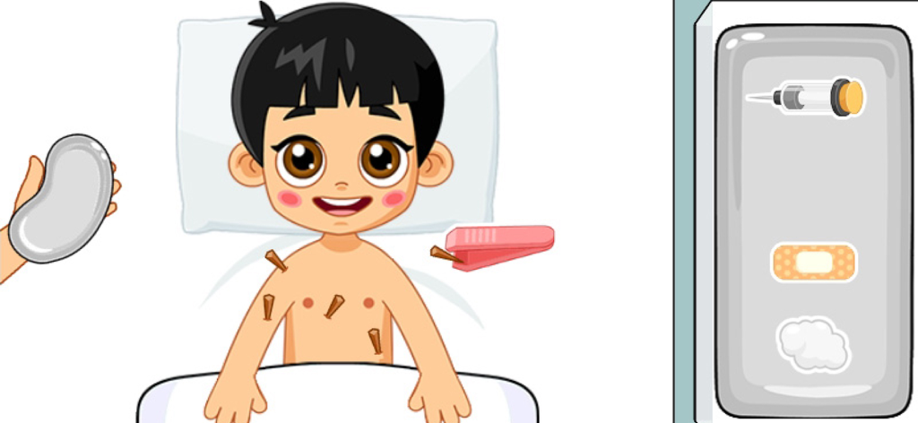 Un bambino gioca al dottore rimuovendo schegge da un paziente dei cartoni animati con una pinzetta