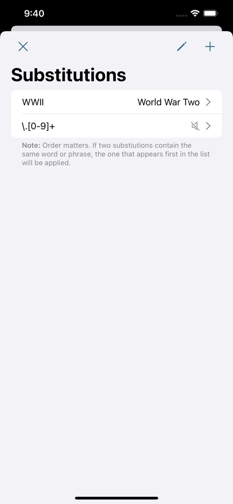 Text to Speech PDF Reader - WWIIをWorld War Twoに変換するなど、テキスト読み上げエンジン用のカスタムテキスト置換を示す画面