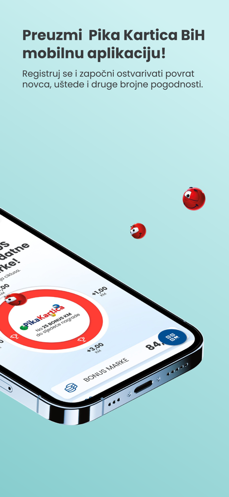 Interfaz de la aplicación móvil Pika Kartica BiH en un smartphone mostrando puntos de lealtad y seguimiento de marcas de bonos.