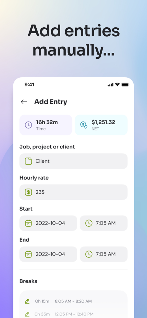 Time Squared: Hours Tracker - A screenshot of the manual entry screen in the Time Squared app for tracking work hours and earnings.