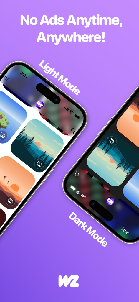 WallpaperZ app interface showing light and dark mode options with a grid of high-resolution landscape wallpapers and a message stating No Ads Anytime Anywhere.