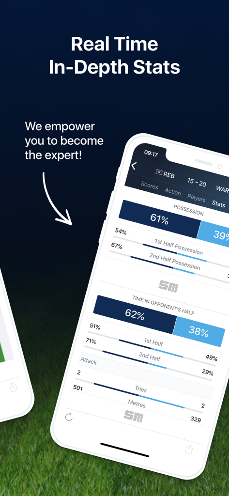 Schermata dell'app mobile Union Live che visualizza statistiche di partite di rugby in tempo reale e dati sul possesso palla